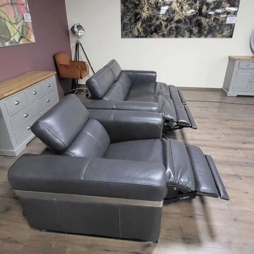 Moreno gray leather three-seater sofa and armchair with electric relax mechanism new