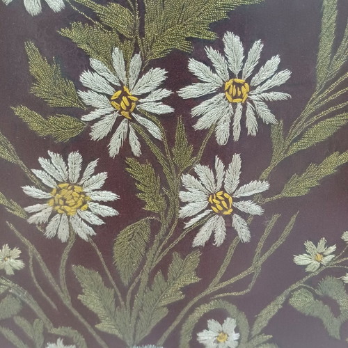 Embroidered textile painting used with silver and gold thread on velvet