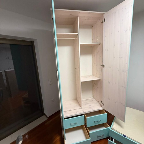 Wardrobe with drawers, bed with mattress, storage, lift-up desk, bookshelf