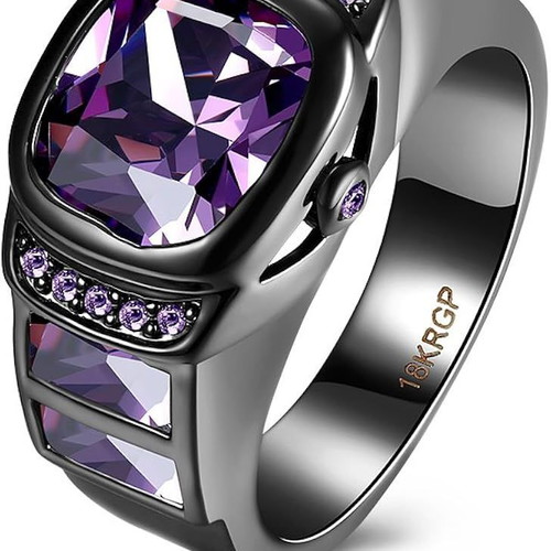 Ring with violet amethyst, new, black gold plated