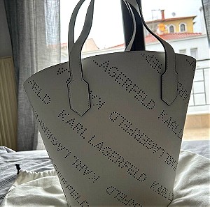 Karl Lagerfeld K/Punched Logo Large Δερμάτινη Γυναικεία Τσάντα Shopper 'Ωμου Λευκή