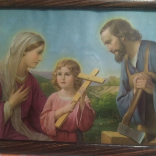 The Holy Family lithograph used, 1930 era with frame
