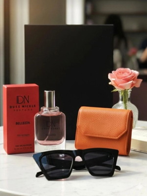Gift set with perfume, sunglasses, and wallet new