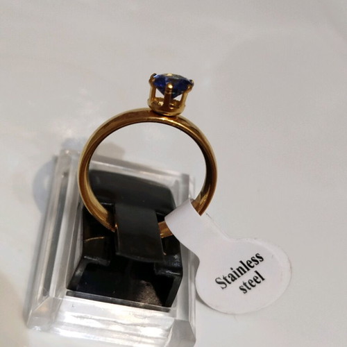 Stainless steel solitaire ring with blue stone, size 17