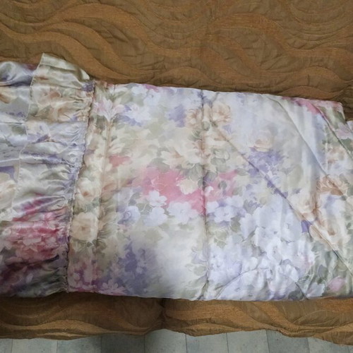 Satin floral quilt set with drapery and curtain panels