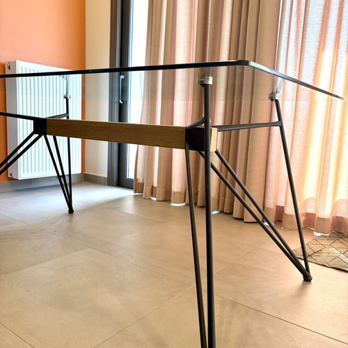 Modern glass dining table with black metal legs, like new