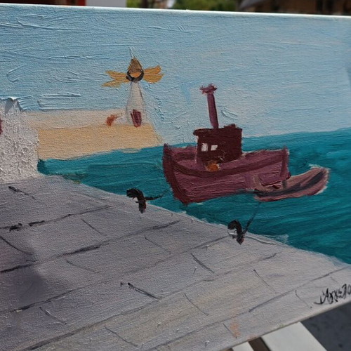 Handmade original children's painting on canvas, seascape