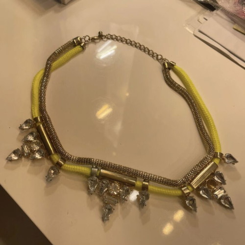 Neon necklace used with yellow strap and gold metal stones