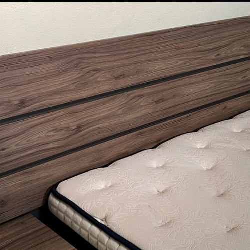 Double bed with bedside table set, wood veneer beige brown