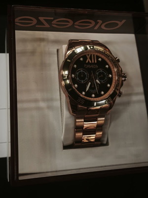 Breeze Chronograph Watch Rose Gold Tone Black Dial NOS