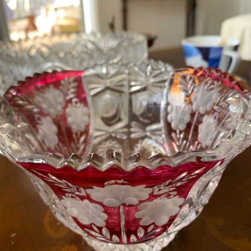Vintage ruby red cut crystal bowl with etched floral overlay new