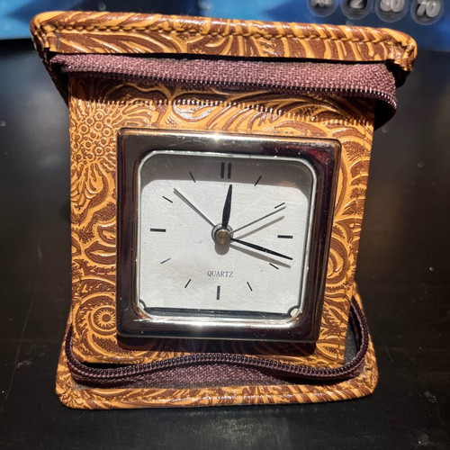 Travel clock leather embossed brown quartz unused with alarm