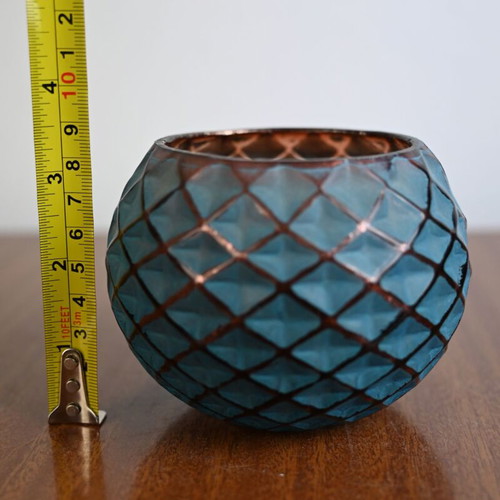 Glass decorative mosaic candle holder used, blue and copper tones