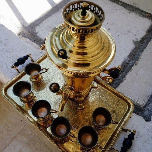 Small Russian Samovar OA Moscow new with tray and 6 tea cups