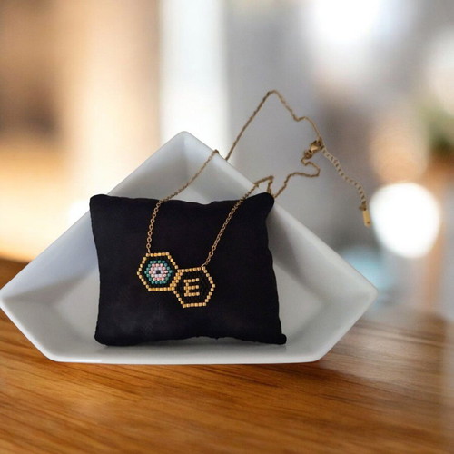 Steel monogram necklace with miyuki eye pendant made to order, black and gold