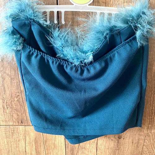 Strapless Top teal blue with feather trim size S-M like new