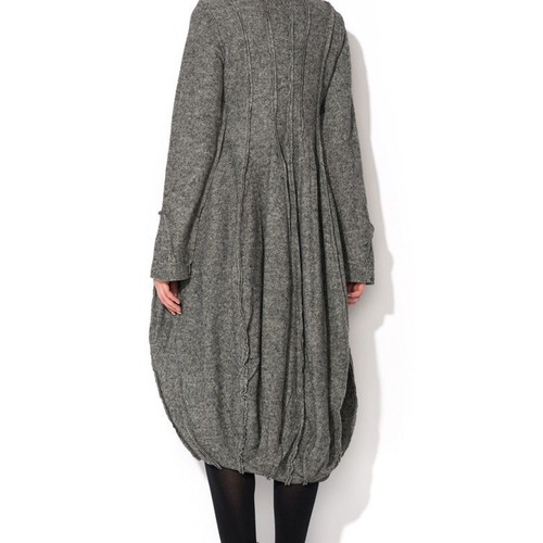Felted wool avant-garde asymmetrical knitted dress cardigan with balloon silhouette and scarf collar, grey melange, size M