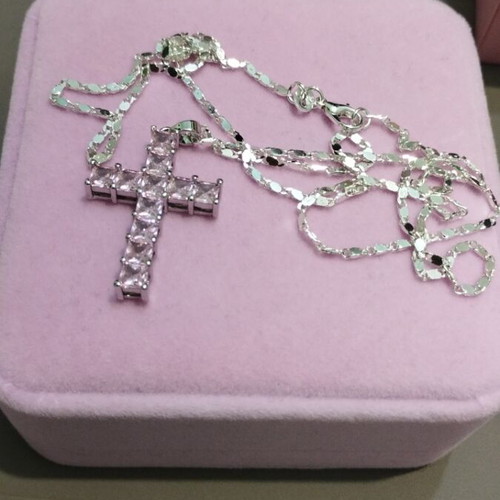 Silver chain with pink zircon cross new