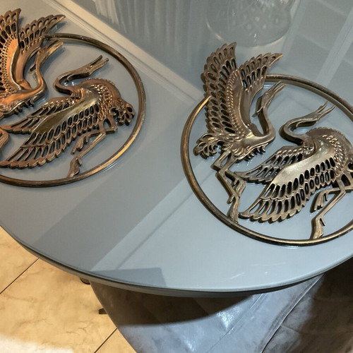 Handmade copper wall decorations set of 2 with stork relief