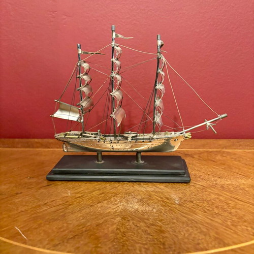 Set of 3 metal sailing ships used, vintage captain's collection