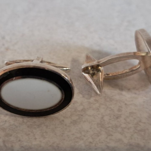 Silver 925 cufflinks, oval white/black, Italy