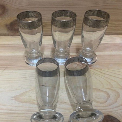 Crystal glasses like new, set of 5, with silver decorative rim