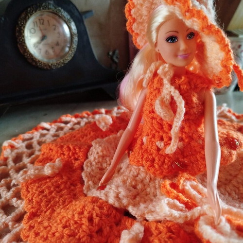 Doll with handmade dress, hat and bag new