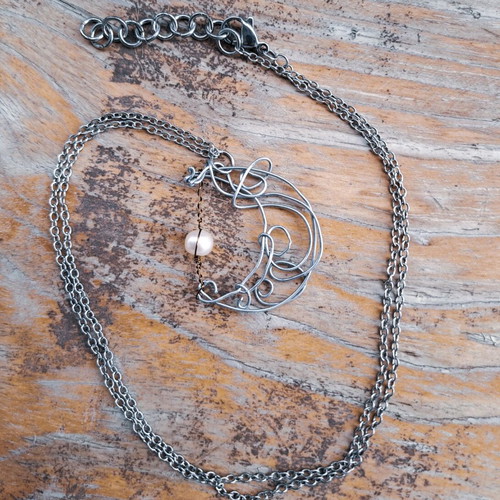 Moon pendant with pearl new, silver handmade