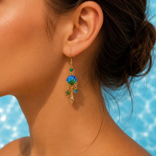 Handmade Mermaid Tears Summer Earrings with Enamel Shells and Starfish