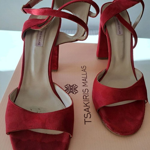 Tsakiris Mallas red sandals used with clutch bag