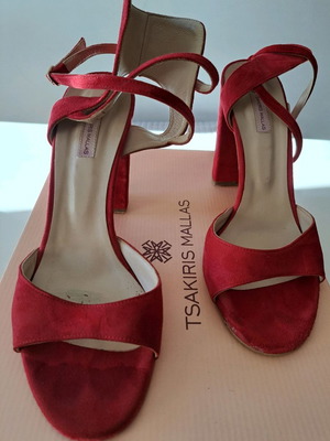 Tsakiris Mallas red sandals used with clutch bag