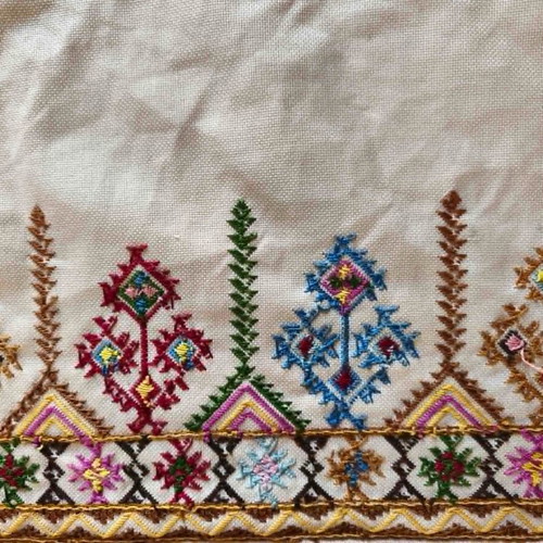 Folk Art Handmade Embroidered Fabric with Geometric Patterns used, 1m x 36cm