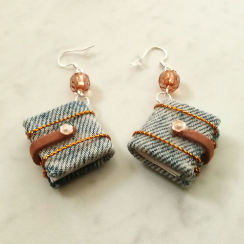 Handmade Earrings 'Βιβλιαράκι Ντενίμ' with Silver Hooks, Blue