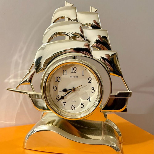 Decorative ship clock used, gold plastic