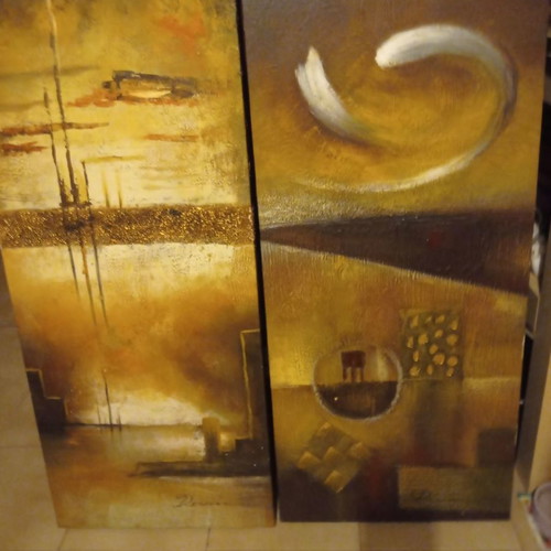 Diptych canvas painting used with embossed gold details 102x45+45 cm
