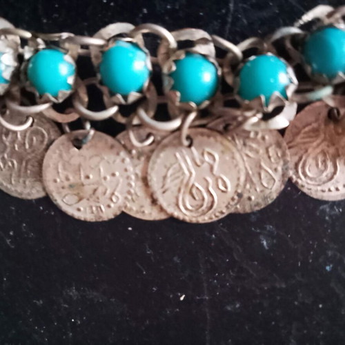 Antique children's talisman with Turkish coins and turquoise stones used