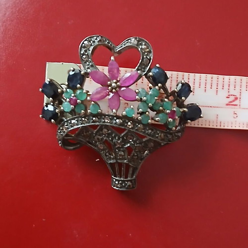 Large brooch with diamonds, sapphires, rubies and emeralds, 14K gold and silver