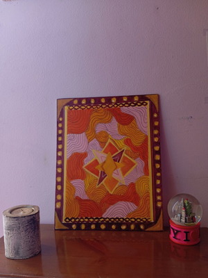 Handmade acrylic painting on cardboard in bohemian style, like new