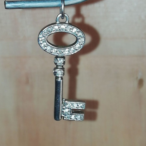 Steel necklace charm key silver color with clear zirconia new