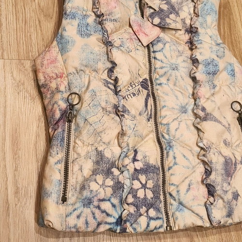 Daite Womens Hooded Puffer Vest faux fur trim, floral skull print, size UK 12 EU 38, like new