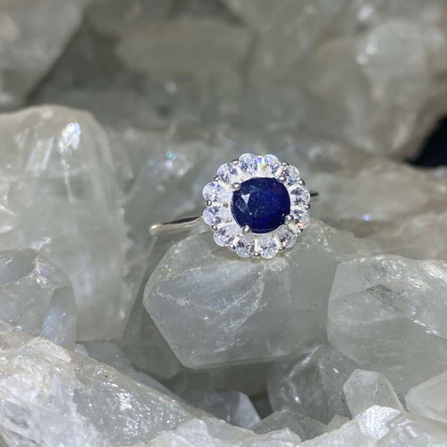Handmade silver ring with natural blue sapphire and moissanites, new
