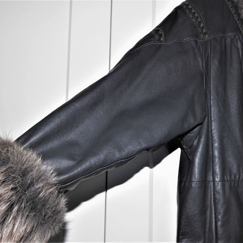 Vintage leather coat used, gray, size 36, with fox fur