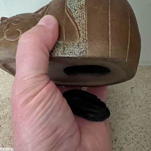 Vintage ceramic cat piggy bank used, Mid-Century Modern