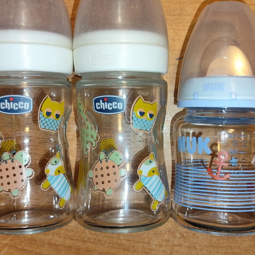 Chicco and Nuk Glass Baby Bottles Set with Clips and Plastic Tongs like new