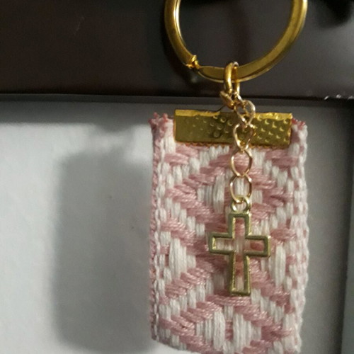 20 Martyrika keychains, from Pink - White ribbon with design and gold Cross, Handmade, for baptism