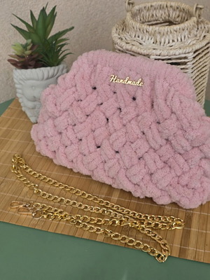 Χειροποίητη mini Puffy Bag χιαστί ροζ καινούργια, 20x30cm με αλυσίδα