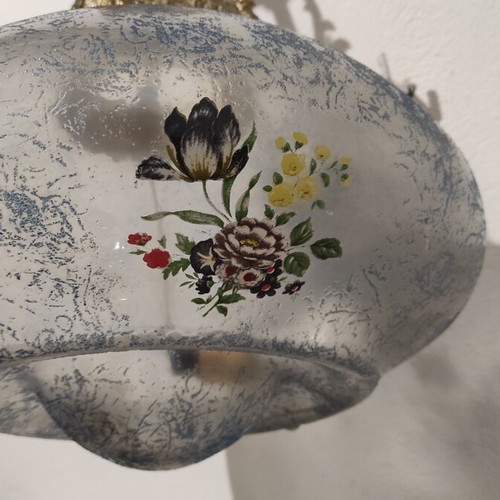 Vintage pendant light used, aluminum and painted opaline