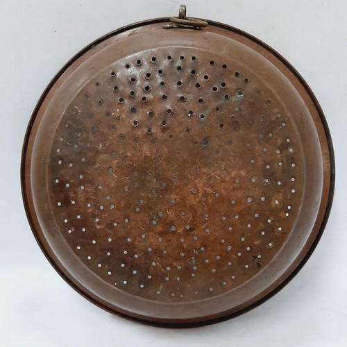 Vintage copper colander with brass ring handle, used, 30.5 cm