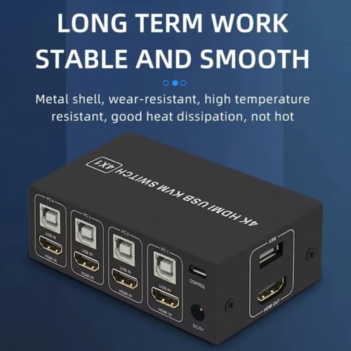 KVM switch for up to 4 PCs with monitor, keyboard, and mouse