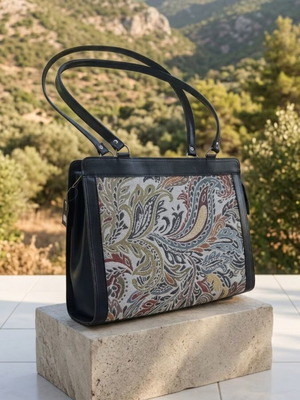 J.K. Leather shoulder bag with embossed floral fabric, handmade in Greece